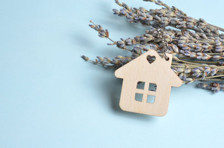 Keychain in the shape of a house and a lavender bush. Blue backgroundの写真素材