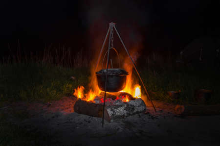 Camping bonfire in nightの写真素材