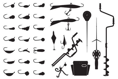 a Vector winter fishing set. Silhouette of ice screw, hook, jig lure, rod, box, spoon and mormyshkaのイラスト素材