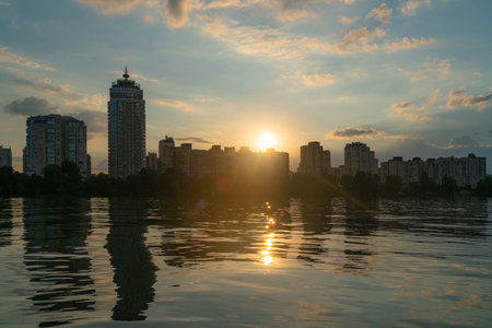 Kiev, Ukraine - July 13, 2018 - Kyiv Obolon embankment. View from water of Dnieper river.のeditorial素材