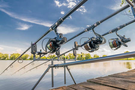 Carp fishing. Rods on rod pod on wood platform at lake