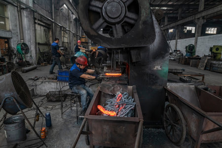 Cixi, China - 05 Sep 2019: Metallurgical plant of metal tools. Workers in the process.