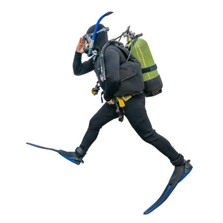 Scuba diver with equipment and flippers isolated on white backgroundの写真素材
