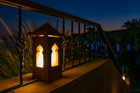 Night light lamp near stairsteps at hotel resort in evening timeの写真素材