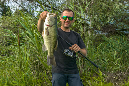 Bass fishing. Big bass fish in hands of pleased fisherman with spinning rod. Largemouth perch at pondの写真素材