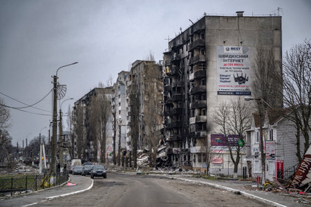 Borodyanka, Kyiv region, Ukraine - 5 April 2022. City after bombing, civilian buildings burnt...