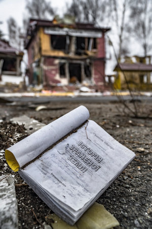Borodyanka, Kyiv region, Ukraine - 5 April 2022. Open book on background of destroyed burnt civilian buildings by russian occupiersのeditorial素材