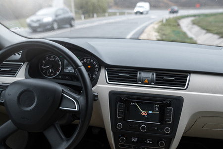 Car navigation system in modern car interior.の写真素材