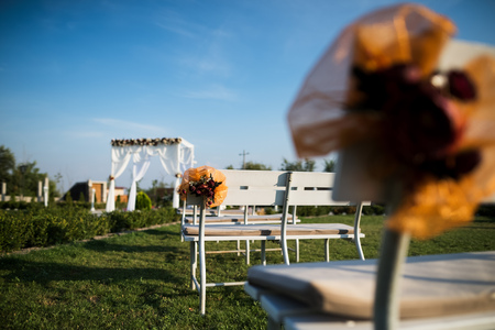 Wedding arch decoration for engagement ceremony in sunny dayの写真素材