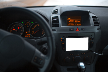 Close-up of car dashboard with mockup on audio system.の写真素材