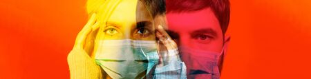 Double exposure portrait of two people, woman and man with medical flu mask on lush lava background.