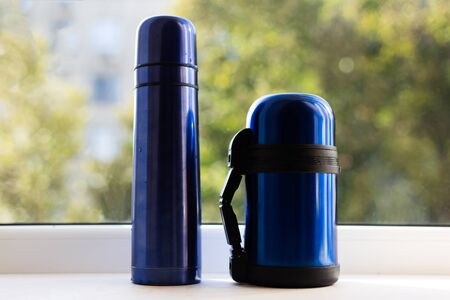Close-up of two different blue bottle .の写真素材