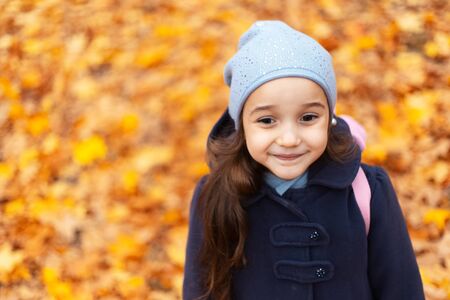 Portrait of cheerful children on background of blurred yellow autumn leaves.の写真素材