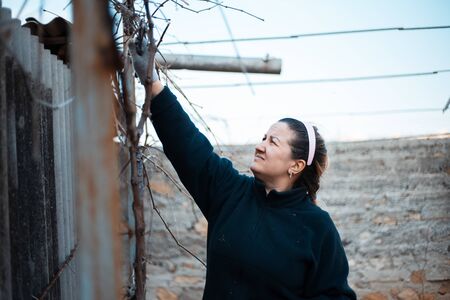 Portrait of woman gardening some plants of vineyard.