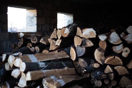 Close-up background of heap with wood outdoors.の写真素材