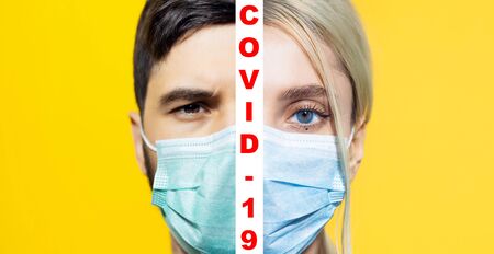 Collage of studio half face portraits of young woman and man, wearing safety medical flu mask...