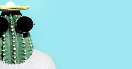 Minimal pop-art collage portrait of green cactus-headed man wearing black round shades and mexican hat on panoramic banner background of cyan color with copy space.の写真素材