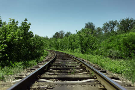 Natural landscape background. Close-up of railroad through green forest in sunny day.の写真素材