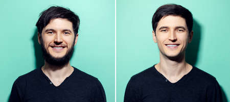 Collage portraits of young smiling man; before and after shaved. Background of aqua menthe color.の写真素材