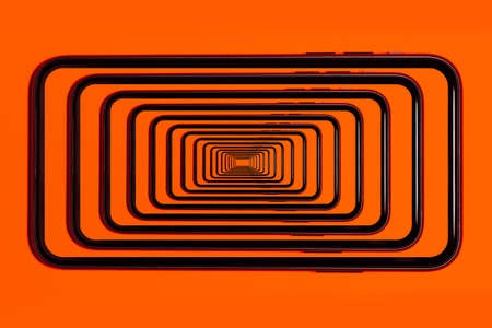 Enigmatic surrealistic optical illusion. Close-up of modern smartphone isolated on background of...