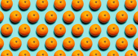 Colorful panoramic pattern of fresh mandarins orange fruits on background of cyan or aqua menthe of color.の写真素材