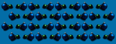 Panoramic pattern of Christmas tree toys on blue background.の写真素材