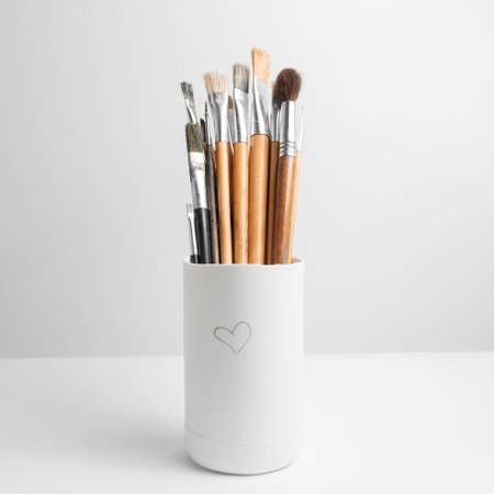 Close-up of painting brushes on white background.