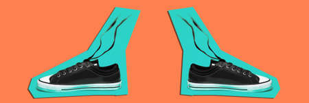 Panoramic photo of pair of shoes contoured with blue color on orange background. Artwork collage concept.の写真素材