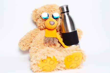Studio portrait of toy of teddy bear wearing round sunglasses near steel reusable thermo water bottle, on white background.の写真素材