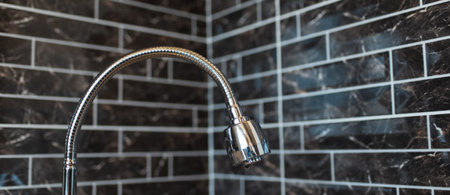 Panoramic banner view of silver faucet in kitchen area, on the background of dark brick wall.の写真素材