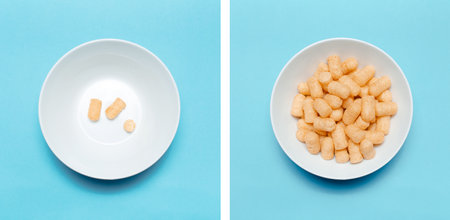 Photo collage, top view of corn puffs in white bowl, one is full and other its empty, on blue...