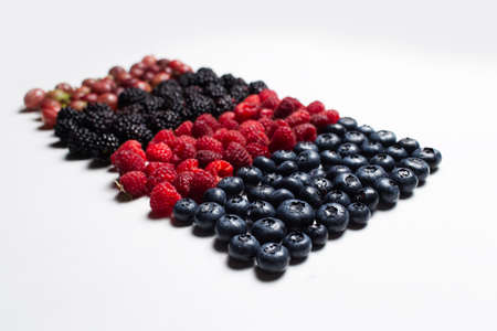Studio picture of fresh wild berries situated in line, on the white table.の写真素材