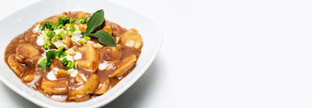 Vegan food. Homemade dumplings in gravy, on white background with copy space.