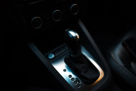 Top view of automatic gearbox selector. Dark photo.の写真素材