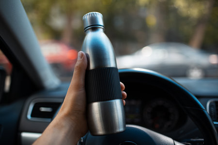 Close-up of male hand holding steel reusable water bottle inside car.の写真素材