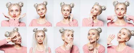 Collage of people. Studio portrait of young blonde girl with two hair buns, making different emotions and gestures, using smartphone, wearing pink shirt, white background. Panoramic banner view.の写真素材