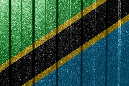 Textured flag of Tanzania on metal wall. Colorful natural abstract geometric background with lines.の写真素材