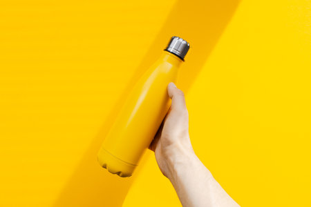 Close-up of male hand holding steel thermo water bottle of yellow color on yellow background....