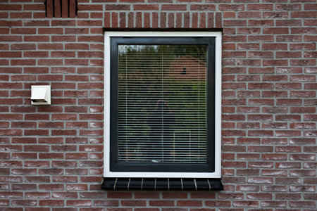 Exterior view of window on house facade, background of bricks wall.