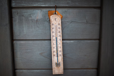 Close-up view of thermometer on wooden wall.