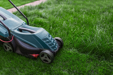 Hand lawn mower mows the green lawn in the courtyard. Close-up view.