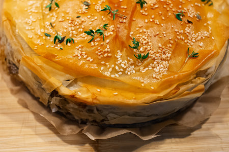 Close-up of vegan Serbian burek on board.の写真素材