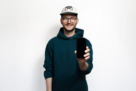 Smiling young man showing smartphone isolated on white background.