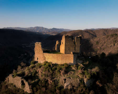 Aerial shot of Rocca Cerbaia, photo taken with a drone, Tuscany, Italyのeditorial素材