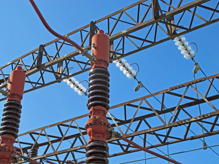 Powerhouse with lattice girders, switches, disconnectors, bars of copper