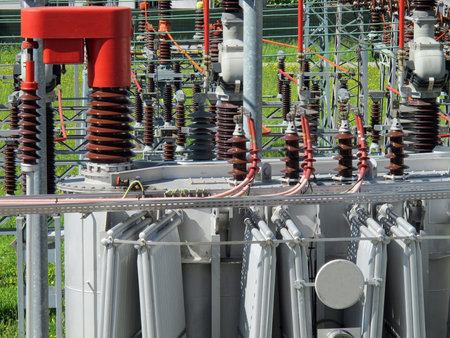 electrical transformer to a powerhouse with switches, disconnectors, bars of copper