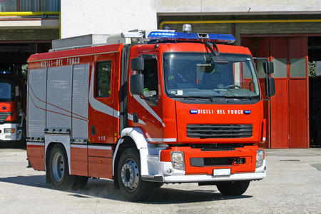 italian fire engine truck running during a mission