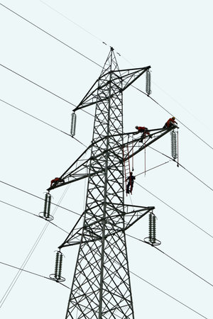 brave workers at work on trellis tension for maintenance of electrical lines