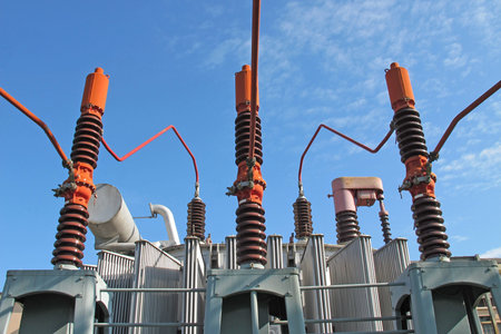 huge electricity transformer high voltage into a powerhouse of production of electricity