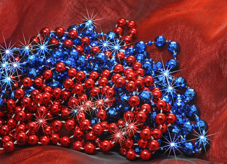 Blue and Red Christmas decorative beads on silk Christmas Redの写真素材